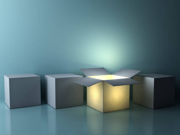 Stand out from the crowd , different creative idea concepts , One luminous opened box glowing among closed white square boxes on dark green background with reflections and shadows