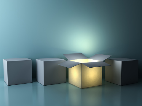 Stand out from the crowd , different creative idea concepts , One luminous opened box glowing among closed white square boxes on dark green background with reflections and shadows. 3D rendering.