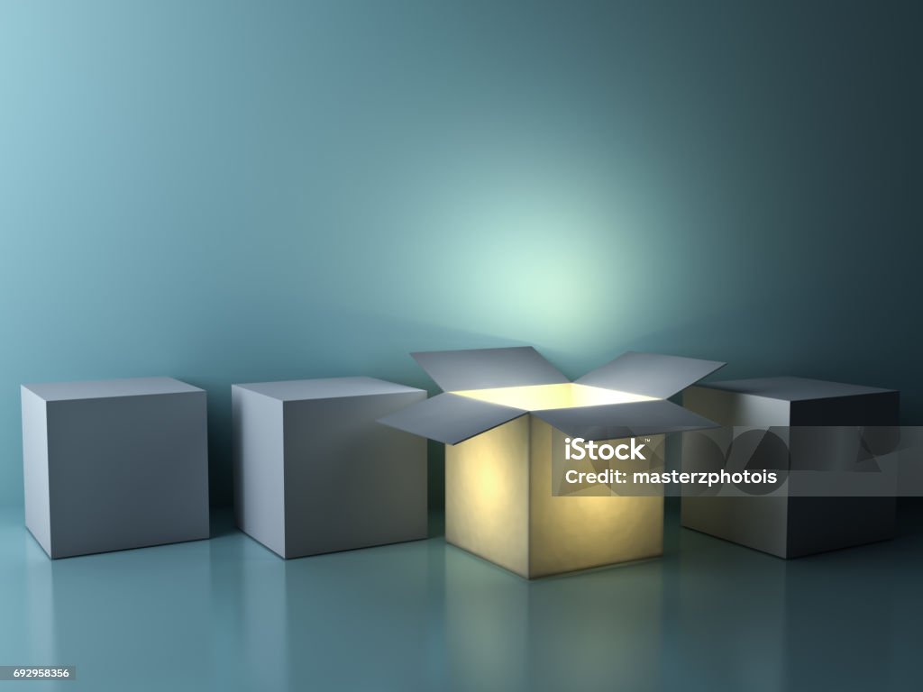 Stand out from the crowd , different creative idea concepts , One luminous opened box glowing among closed white square boxes on dark green background with reflections and shadows Stand out from the crowd , different creative idea concepts , One luminous opened box glowing among closed white square boxes on dark green background with reflections and shadows. 3D rendering. Box - Container Stock Photo