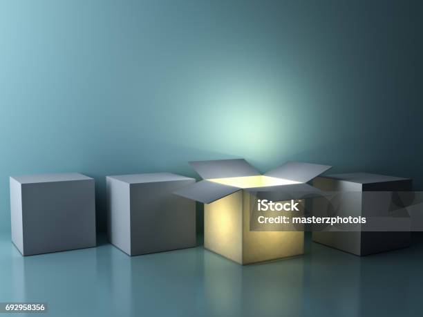 Stand Out From The Crowd Different Creative Idea Concepts One Luminous Opened Box Glowing Among Closed White Square Boxes On Dark Green Background With Reflections And Shadows Stock Photo - Download Image Now
