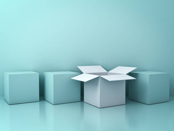 istock Stand out from the crowd and different creative idea concepts , One white open box among closed green square boxes on green background in the row with reflections and shadows 692958362