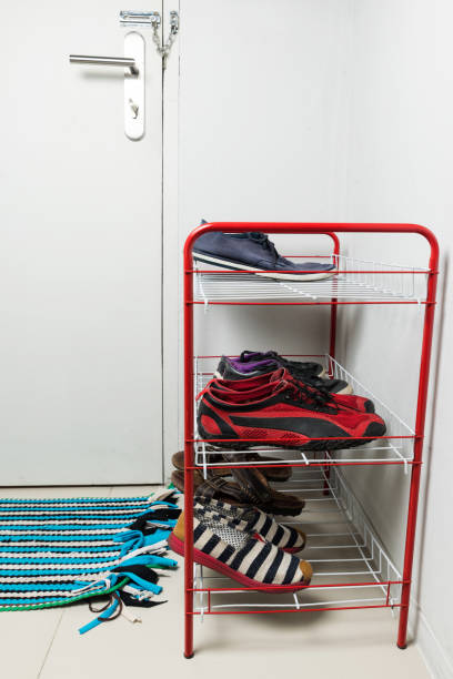 istock Metal red shelf with shoes 692958804