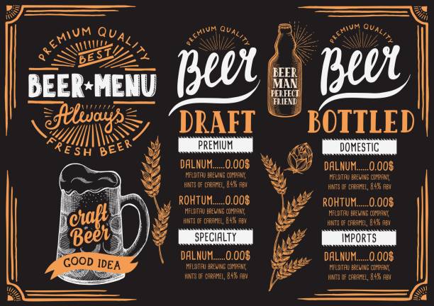 Beer menu restaurant, drink template. Beer menu for restaurant and cafe. Design template with hand-drawn graphic elements in doodle style. chalkboard menu template stock illustrations