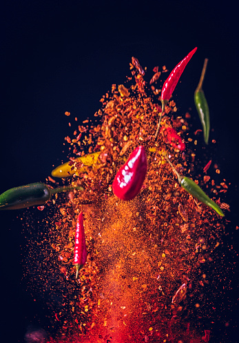 Spice Mix Food Explosion with chili pepper, chili powder, cayenne powder and jalapenos