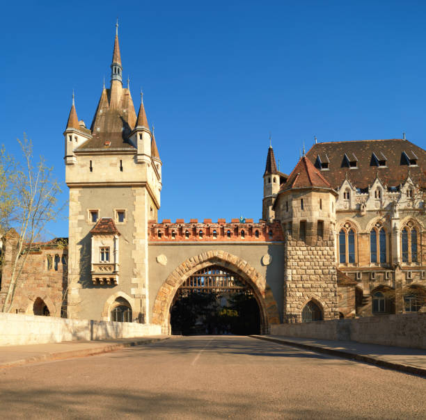 Main gate to Vajdahunyad Castle on a bright day, Budapest, Hungary