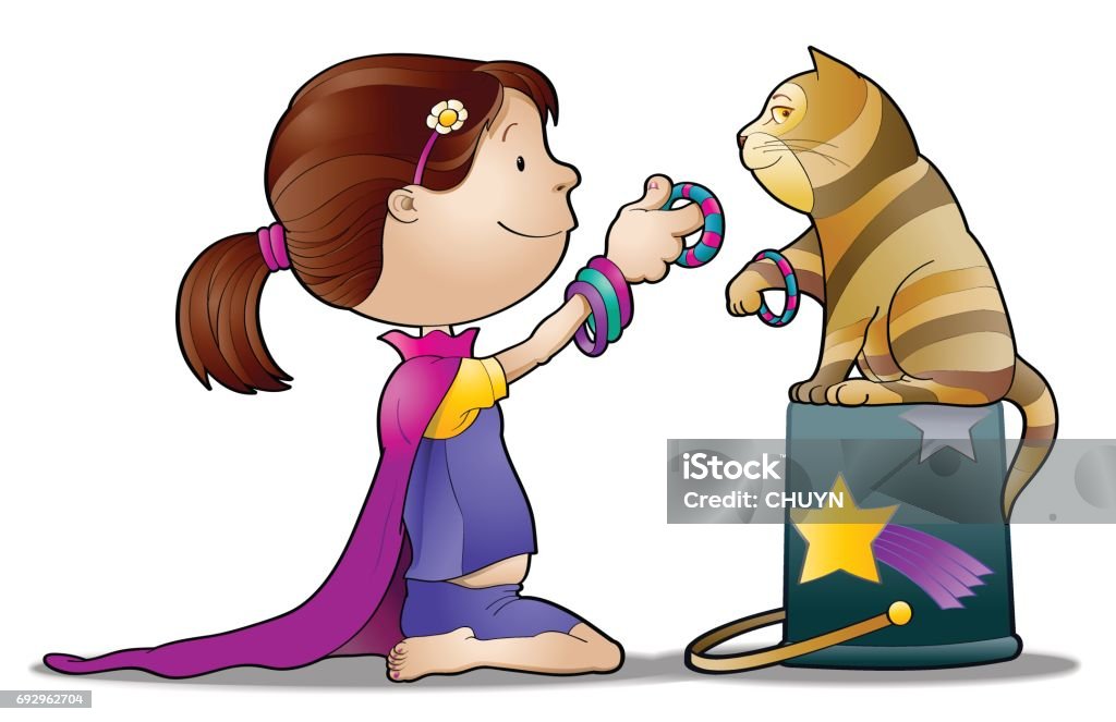 Sharing with friends Cute little girl sharing his treasures with his best friend Domestic Cat stock vector