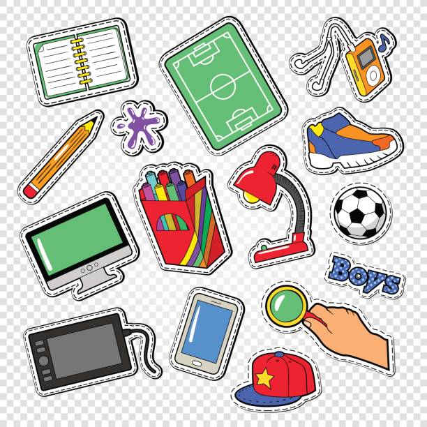ilustrações, clipart, desenhos animados e ícones de doodle de rapazes com futebol, computador e telefone - symbol computer icon education icon set