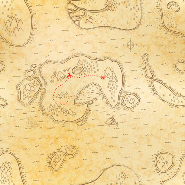 древняя пиратская карта на старой текстурированной бумаге с красным путем к сокровищу, бесшовный узор - parchment seamless backgrounds textured stock illustrations