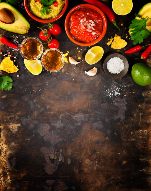 mexican food and tequila shots - pepper chili pepper frame food imagens e fotografias de stock