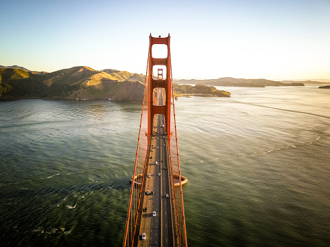 Aerial photo of morning light over Golden Gate Bridge in San Francisco California