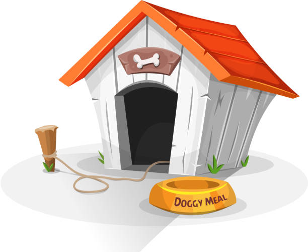 Dog House Illustration of a cartoon funny doghouse with dish for dog meal, and stake with leash attached blame stock illustrations