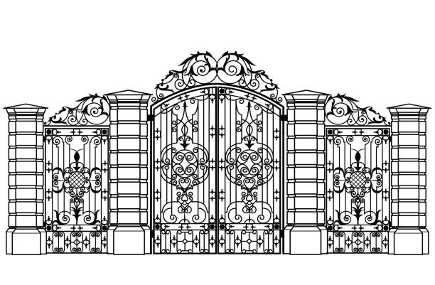 ilustraciones, imágenes clip art, dibujos animados e iconos de stock de puerta de hierro forjado y puertas de wiсket - iron gate