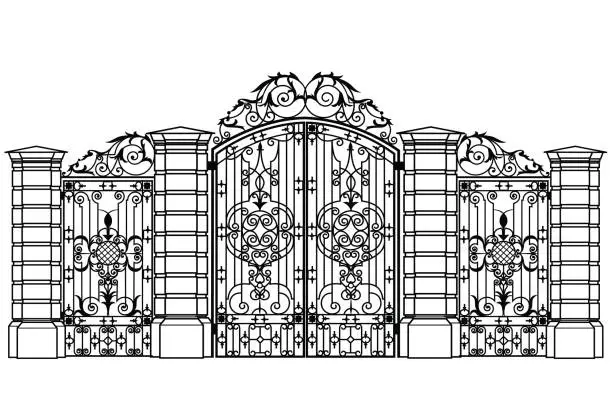 Vector illustration of forged iron gate and wiсket door
