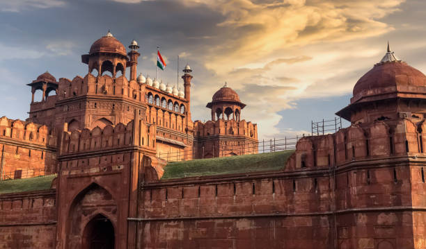 Red Fort Delhi - A historic red sandstone fort city in Delhi designated as the UNESCO World Heritage site. stock photo