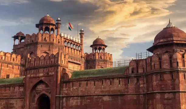 Red Fort Delhi - A historic red sandstone fort city which served as the capital and residence of the Mughal empire for over 200 years. Built in Mughal Indian architectural style  that reflect a fusion of Timurid and Persian traditions.