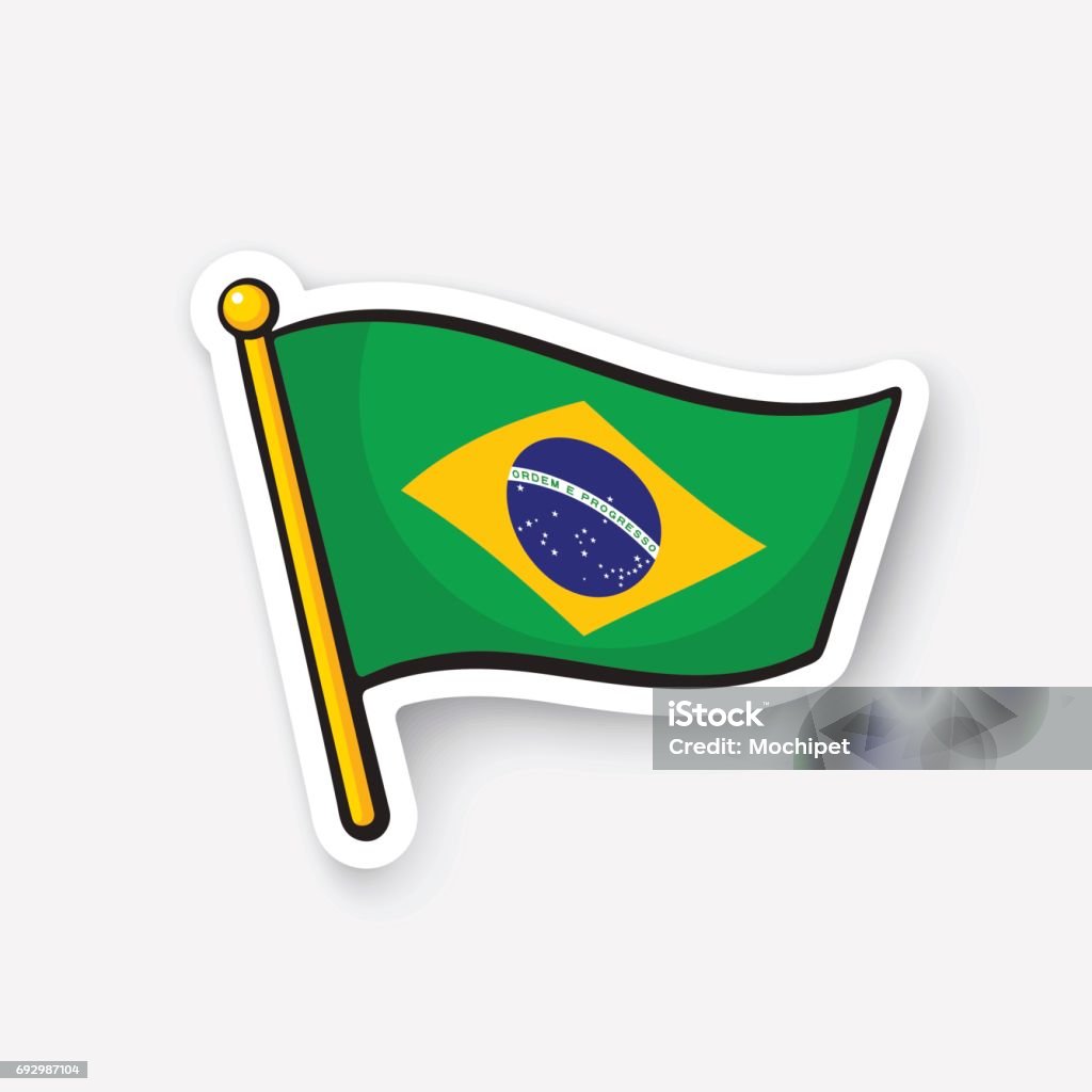 Bandera de la etiqueta engomada de Brasil en flagstaff - arte vectorial de Bandera brasileña libre de derechos