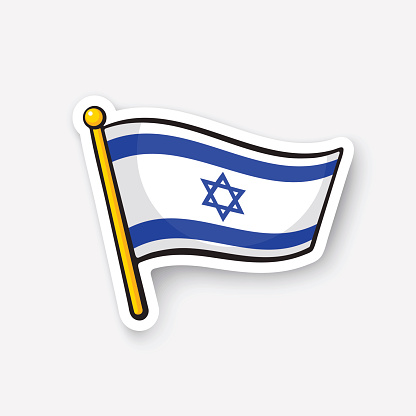 Vector illustration. Flag of Israel on flagstaff. Location symbol for travelers. Cartoon sticker with contour. Decoration for greeting cards, posters, patches, prints for clothes, emblems