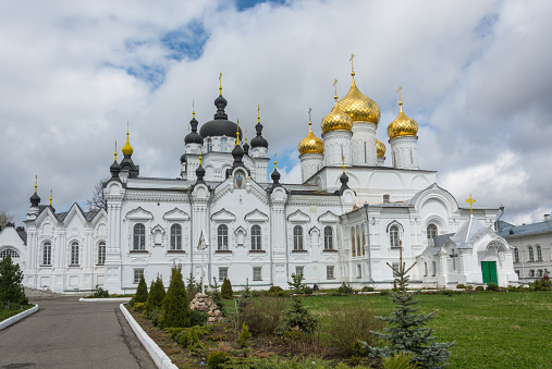 Panorama white Epiphany monastery of St. Anastasia of the convent on a Sunny spring day in the city of Kostroma, Russia.
