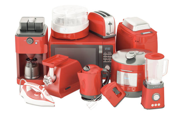 istock Set of red kitchen home appliances. Toaster, kettle, coffeemaker, iron, microwave oven, mixer, blender, 