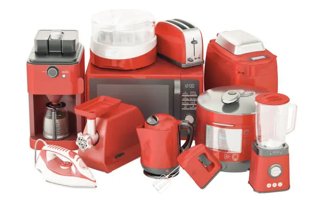 Set of red kitchen home appliances. Toaster, kettle, coffeemaker, iron, microwave oven, mixer, blender, "yogurt maker", multicooker, grinder, bread machine, 3D rendering