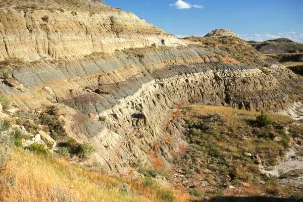 Photo of Sedimentary strata and oil shale deposits and badlands erosion in the Green River Formation Wyoming