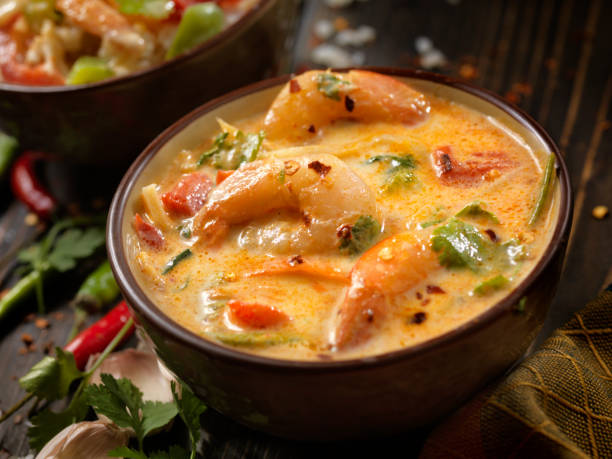 Spicy Shrimp, Coconut Milk Curry Spicy Shrimp, Coconut Milk Curry with Vegetables coconut milk stock pictures, royalty-free photos & images