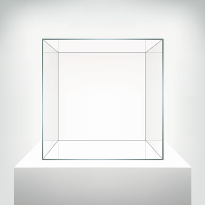 Glass showcase, vector. Empty square realistic glass box on podium on white background. Showcase transparent cube form for presentation. 3d style.
