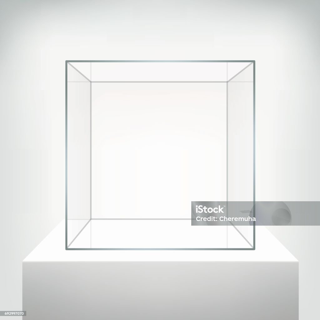 Glass empty vector showcase on white background. Glass showcase, vector. Empty square realistic glass box on podium on white background. Showcase transparent cube form for presentation. 3d style. Glass - Material stock vector