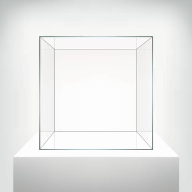 Glass empty vector showcase on white background. Glass showcase, vector. Empty square realistic glass box on podium on white background. Showcase transparent cube form for presentation. 3d style. stock cubes stock illustrations
