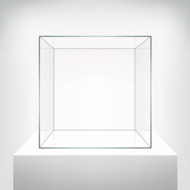 Glass empty vector showcase on white background. Glass showcase, vector. Empty square realistic glass box on podium on white background. Showcase transparent cube form for presentation. 3d style. Museum stock illustrations