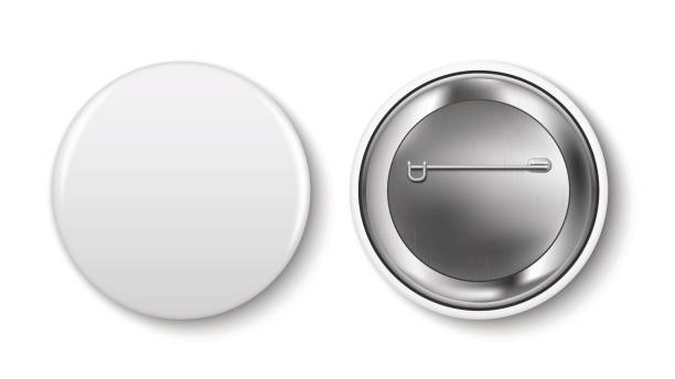 pin button White pin button, vector. Pin button set. Collection of realistic pin buttons. White blank badge pin brooch isolated on white background. 3D vector style. Web button. button sewing item stock illustrations