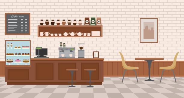 ilustrações de stock, clip art, desenhos animados e ícones de empty cafe interior. - bar chairs