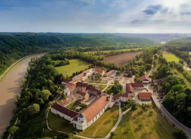 Aerial view of the monastery Raithenhaslach Near Burghausen in Bavaria Germany.