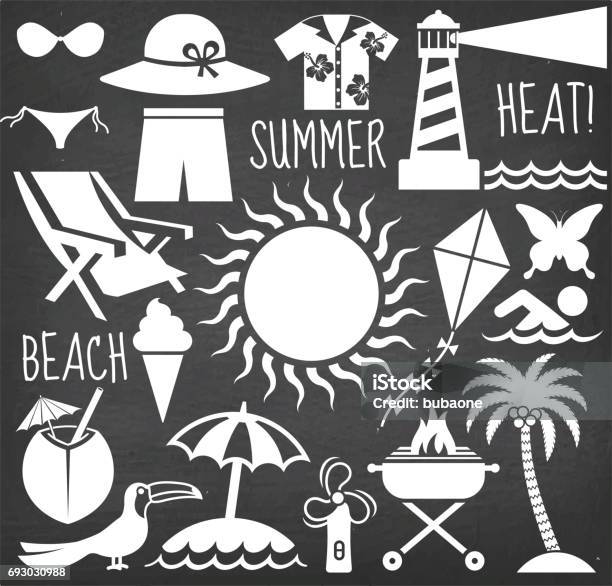 Summer Beach Day On Black Chalkboard Vector Icon Set Stock Illustration - Download Image Now