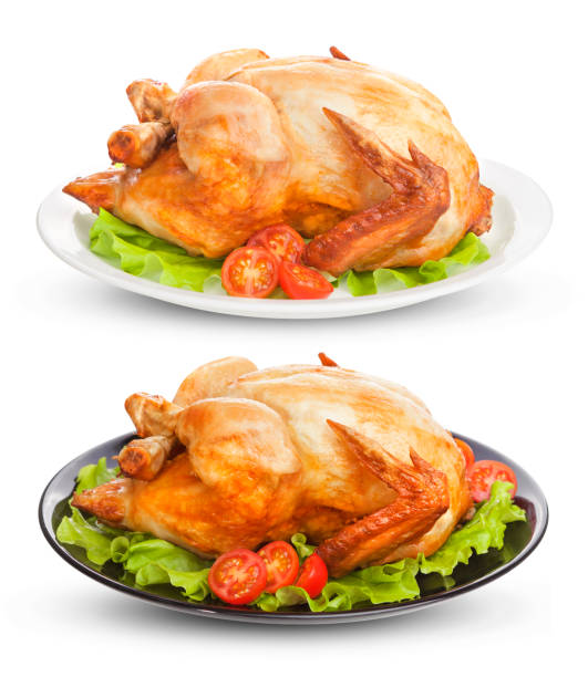 istock Roasted chicken isolated on white background 693031330