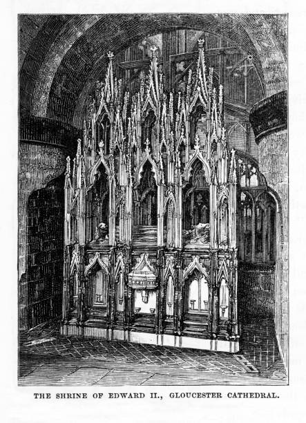 Shrine of Edward II, Gloucester Cathedral, Gloucestershire, England Victorian Engraving, 1840 Very Rare, Beautifully Illustrated Antique Engraving of Gloucester Cathedral from the South-East, Gloucestershire, England Victorian Engraving, 1840. Source: Original edition from my own archives. Copyright has expired on this artwork. Digitally restored. gloucester cathedral interior stock illustrations