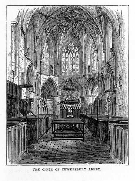 ilustraciones, imágenes clip art, dibujos animados e iconos de stock de loft de coro, la abadía de tewkesbury, gloucestershire, inglaterra victoriana grabado, 1840 - tewkesbury abbey