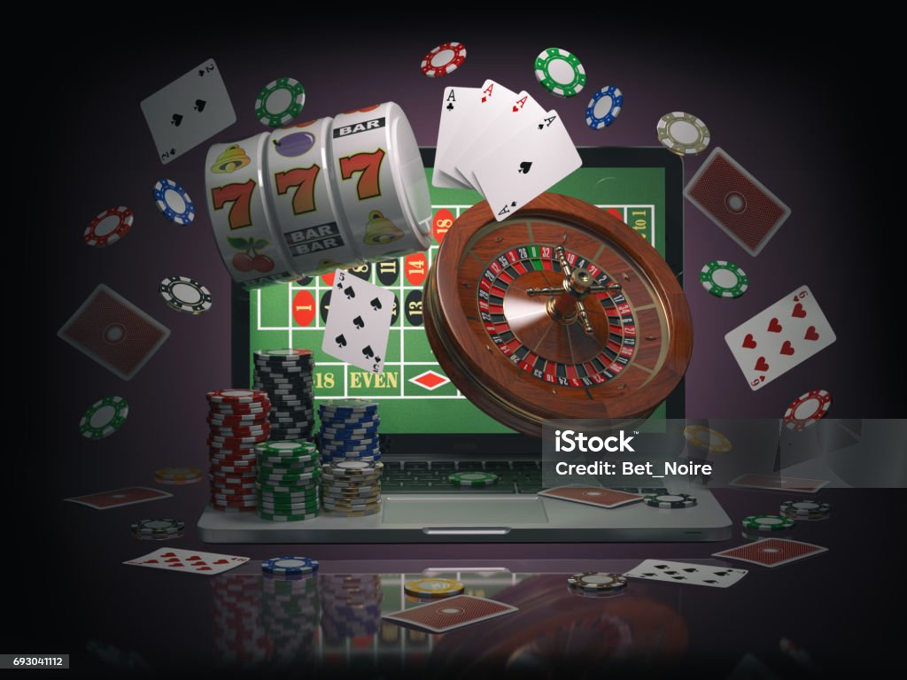 Online casino concept. Laptop roulette, slot machine, chips and  cards Online casino concept. Laptop with roulette, slot machine, casino chips and playing cards isolated on black background. 3d illustration Internet Stock Photo