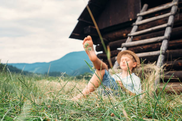 istock Boy sleeps in grass under hayloft in summer afternoon 693051212