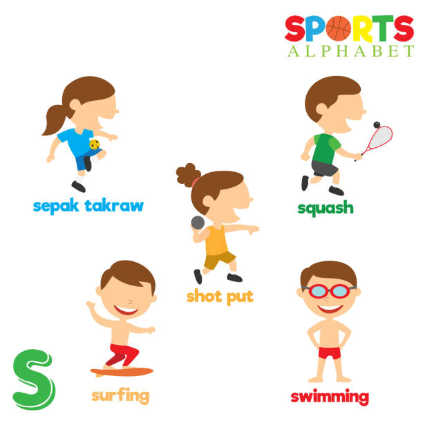 ilustraciones, imágenes clip art, dibujos animados e iconos de stock de deportes alfabeto con la letra s - sepak takraw