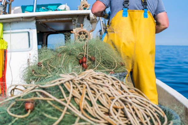 istock Fisherman and fishing nets on deck 693053744