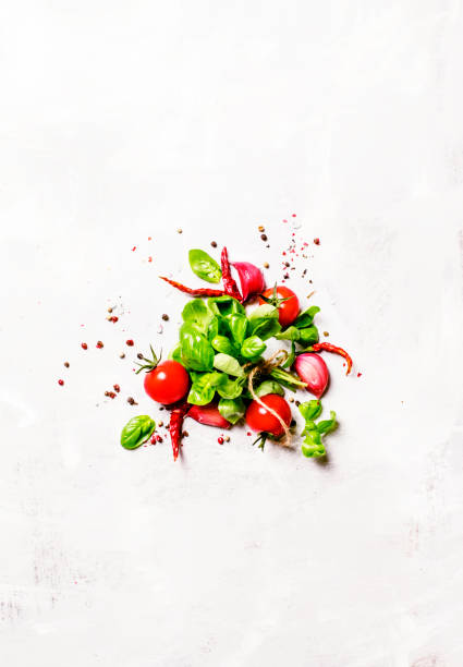 istock Food background, green basil and tomatoes 693053998