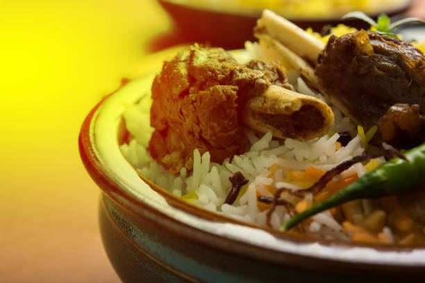 istock kashmiri Mutton Gosht Biryani / Lamb Biryani / Mutton Biryani served with Yogurt dip, selective focus 693054198