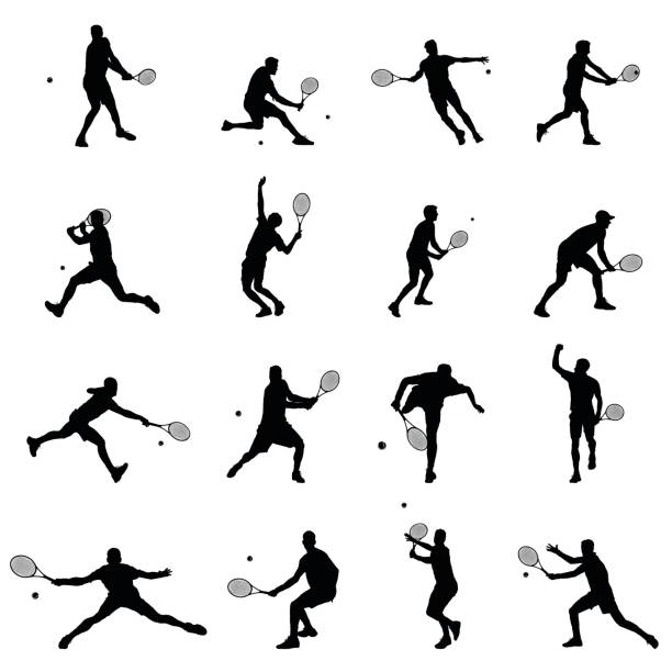 ilustraciones, imágenes clip art, dibujos animados e iconos de stock de tenista conjunto de dieciséis hombres ilustración negro vector siluetas - tennis serving female playing