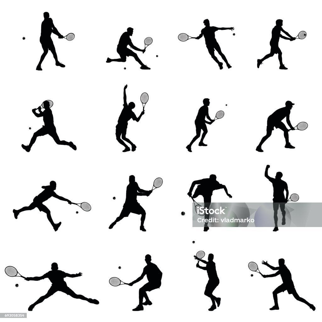 Tennis Player Set Of Sixteen Men Illustration Black Vector Silhouettes Tennis stock vector