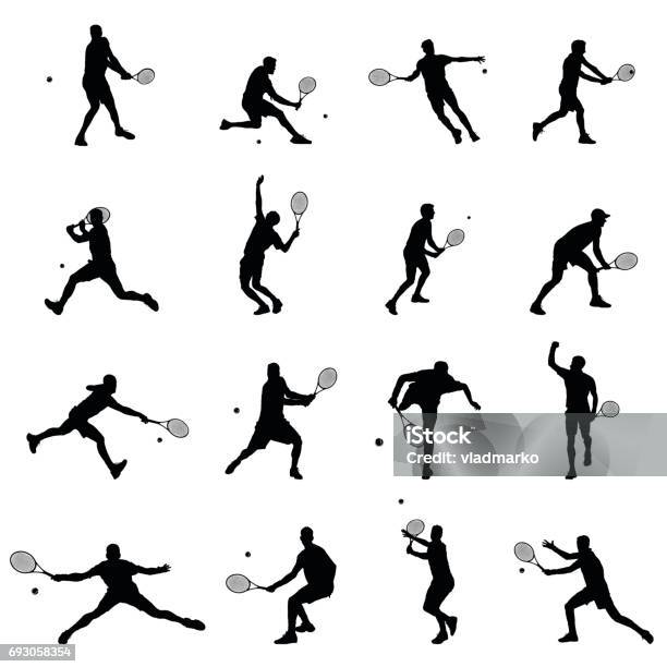 Tennis Player Set Of Sixteen Men Illustration Black Vector Silhouettes Stock Illustration - Download Image Now