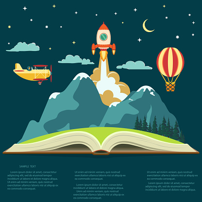 Imagination concept, open book with a mountain, flying rocket, air balloon and airplane
