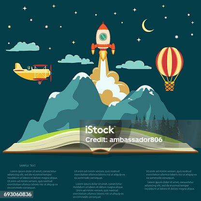 istock Imagination concept, open book with a mountain, flying rocket, air balloon and airplane 693060836