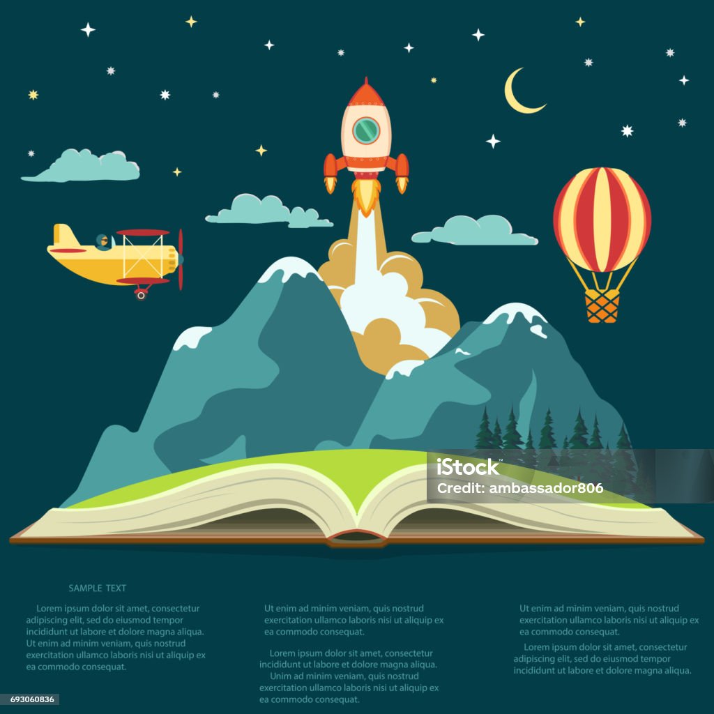 Imagination concept, open book with a mountain, flying rocket, air balloon and airplane Imagination concept, Reading opened book, mountain, flying rocket, air balloon and airplane. Vector Child stock vector