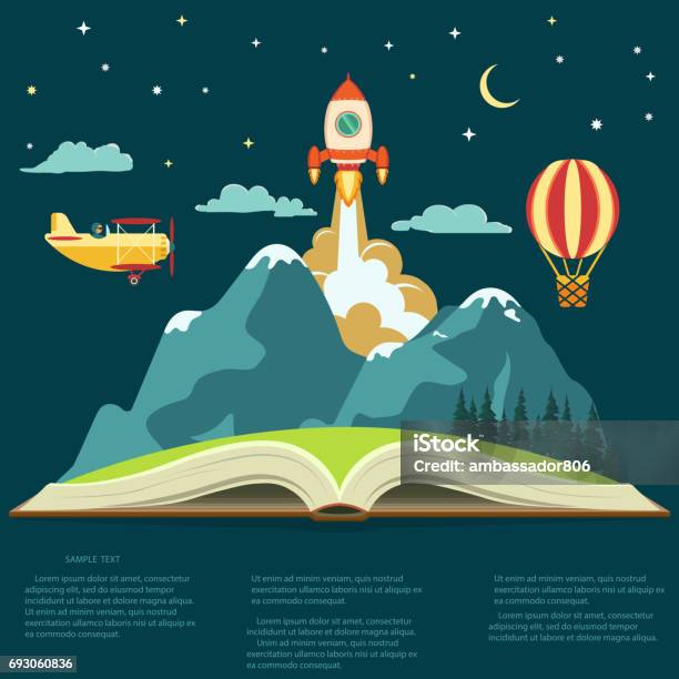 Imagination Concept Open Book With A Mountain Flying Rocket Air Balloon And Airplane Stock Illustration - Download Image Now